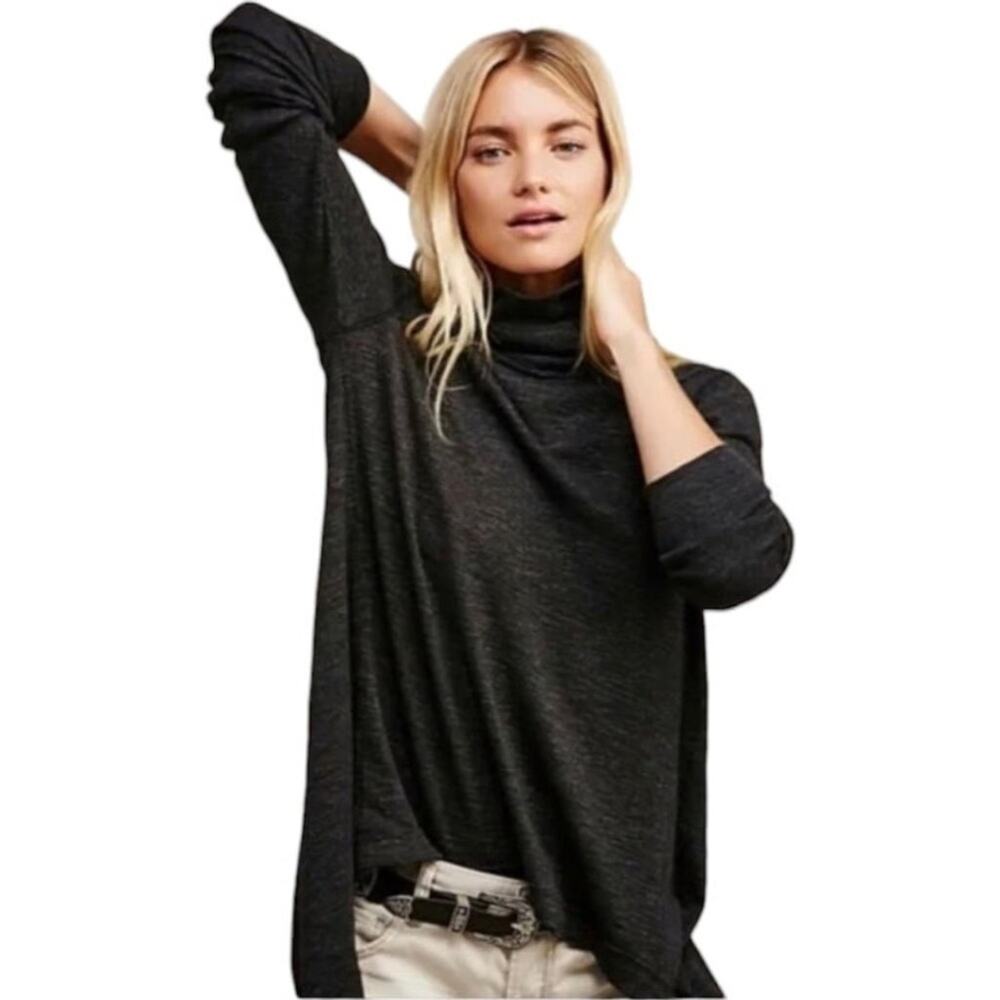We The Free Split Back Raw Seamed Slouchy Turtleneck Rib Tunic Charcoal Gray - L